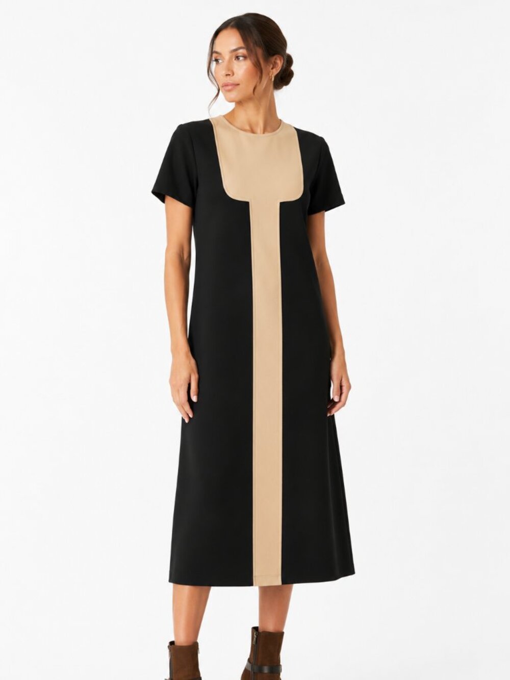 RED VALENTINO BLACK TAN VIRGIN WOOL CASHMERE BLEND SHORT SLEEVE SHIFT DRESS - L